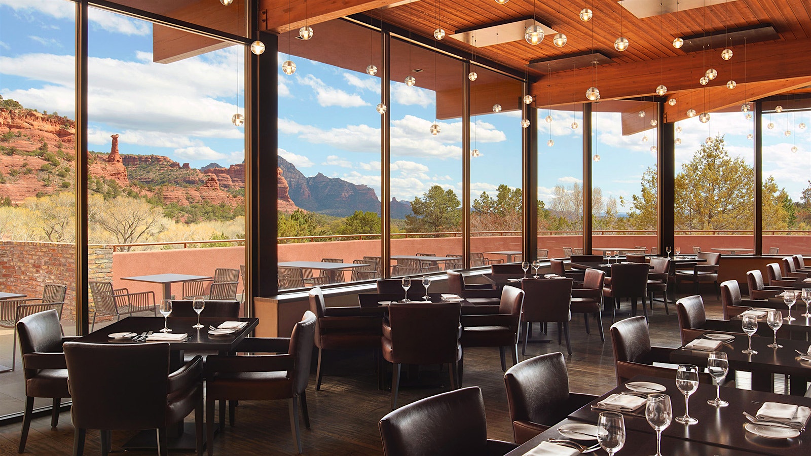 The view of Sedona's red rocks through the windows of Che Ah Chi's dining room